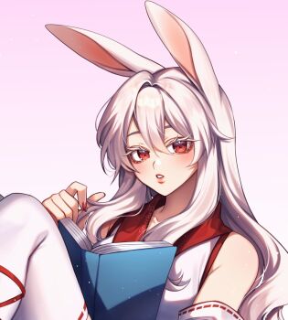  1girl aegyo_sal aki_(sasucchi95) animal_ears artist_name bare_shoulders blush book breasts colored_eyelashes commentary detached_sleeves double-parted_bangs english_commentary expressionless eyebrows_hidden_by_hair eyelashes feet_out_of_frame hair_between_eyes hair_intakes hair_over_shoulder hand_up highres holding holding_book japanese_clothes kimono knees_up light_particles lips long_hair long_sidelocks looking_at_viewer nail_polish open_book original parted_lips pink_background rabbit_ears rabbit_girl red_kimono red_nails red_trim redrawn sasucchi95 sidelocks simple_background sitting sleeveless sleeveless_kimono small_breasts solo thick_eyebrows thighhighs tsurime two-tone_kimono very_long_hair wavy_hair white_eyelashes white_hair white_kimono white_sleeves white_thighhighs 