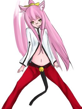  1girl animal_ears arc_system_works bell belt blazblue cat_ears cat_girl cat_tail female_focus glasses highres kokonoe_(blazblue) lab_coat lockatbunp long_hair midriff multiple_tails pants pink_hair ribbon solo tail white_background yellow_eyes yellow_ribbon 