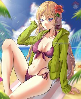  1girl absurdres beach bikini blonde_hair blue_sky breasts cloud commentary_request day flower front-tie_bikini_top front-tie_top green_jacket hair_flower hair_ornament highres hood hooded_jacket horizon jacket jacket_over_swimsuit medium_breasts multi-strapped_bikini_bottom nabetsegf nakiri_erina ocean outdoors purple_bikini red_eyes shokugeki_no_souma side-tie_bikini_bottom sitting sky solo swimsuit 