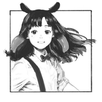  bow bowtie cosplay highres hololive hololive_english inset_border ninomae_ina'nis parody shirt sketch smile suspenders sweetest_music takeuchi_mariya takeuchi_mariya_(cosplay) virtual_youtuber white_background white_shirt 