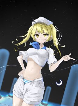  1girl anchor_hat_ornament blonde_hair blue_neckerchief blue_panties breasts commentary cowboy_shot crescent_moon crop_top finger_gun grin groin hand_on_own_hip hat hat_ornament highres kitashirakawa_chiyuri medium_breasts moon neckerchief night open_fly open_mouth panties probability_space_hypervessel sailor_hat shirt shorts sky smile solo star_(sky) starry_sky stomach striped_clothes striped_panties touhou touhou_(pc-98) two_side_up underwear white_shirt white_shorts yellow_eyes yeobi 