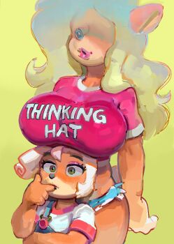  2girls age_difference animal_ears animal_nose arm_at_side blonde_hair blue_overalls blue_shorts breast_rest breasts breasts_on_head coco_bandicoot cowboy_shot crash_bandicoot_(series) eyeshadow furry furry_female green_eyes gumdrops_(aea) hand_on_own_chin hand_up highres large_breasts long_hair makeup multiple_girls orange_fur overalls pink_lips pink_shirt print_shirt purple_eyeshadow shirt short_shorts shorts standing stroking_own_chin suspenders_hanging tawna_bandicoot thinking upper_body wavy_hair white_background white_shirt yellow_background 