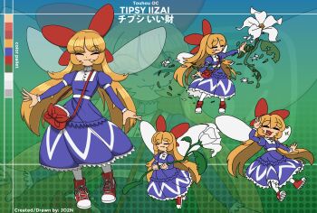  1girl absurdres artist_name bag blonde_hair blood blue_dress bow bunbunmaru character_name chibi closed_eyes coin danmaku dress fairy fairy_wings fang flower hair_bow handbag highres holding holding_flower jomun long_sleeves multiple_views open_mouth original paper red_bow red_shoes reference_sheet shoes shrugging sneakers tipsy_iizai_(jomun) touhou white_flower wings 