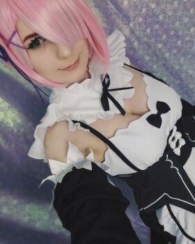  bow bowtie breasts cleavage cosplay highres maid maid_headdress medium_breasts photo_(medium) pink_hair ram_(re:zero) ram_(re:zero)_(cosplay) re:zero_kara_hajimeru_isekai_seikatsu real_life short_hair  rating:Sensitive score:11 user:mipaloote
