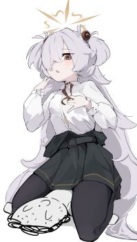  1boy 1girl absurdres belt black_dress black_pantyhose blue_archive blush breasts brown_eyes brown_ribbon button_gap clothes_pull collared_shirt commentary doodle_sensei_(blue_archive) dress dress_pull grey_hair hair_over_one_eye halo hand_up highres kanoe_(blue_archive) kneeling long_hair long_sleeves looking_at_viewer mi_kan_(1101515378) neck_ribbon no_shoes one_eye_covered pantyhose parted_lips pinafore_dress pleated_dress ribbon scar scar_on_neck sensei_(blue_archive) shirt simple_background sleeveless sleeveless_dress small_breasts solo_focus striped_ribbon two_side_up undone_neck_ribbon very_long_hair white_background white_shirt yellow_halo 