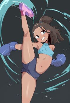  1girl avatar:_the_last_airbender avatar_legends blue_eyes boxing_gloves breasts brown_hair covered_erect_nipples flexible katara leg_lift leg_up medium_hair midriff navel ponytail shiny_skin shoes short_shorts shorts simple_background small_breasts smile sports_bra standing standing_on_one_leg tagme thighs waterbending  rating:Sensitive score:8 user:Username7