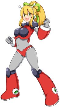  1girl :d aged_up android antennae arm_behind_back arm_up armor armored_boots arms_up bikini bikini_armor blonde_hair blue_background blue_eyes blush bodysuit boots breasts clenched_hands commentary_request earphones fighting_stance full_body gorget green_eyes green_ribbon hair_between_eyes hair_ribbon hairband headphones highres hyper_roll_(marvel_vs._capcom) joints knee_boots knee_pads large_breasts long_hair looking_at_viewer marvel_vs._capcom mechanical_arms mechanical_boots mechanical_legs mega_man_(classic) mega_man_(series) milliani open_mouth ponytail radio_antenna red_armor red_bikini red_boots ribbon robot robot_girl robot_joints roll_(mega_man) shoulder_armor sidelocks signature simple_background smile solo swimsuit white_background 