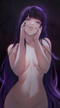 1girl black_background breasts commentary convenient_arm genshin_impact groin hands_on_own_face hands_up highres long_hair medium_breasts navel nokkusuart nude purple_eyes purple_hair raiden_shogun simple_background solo stomach upper_body very_long_hair rating:Questionable score:49 user:danbooru
