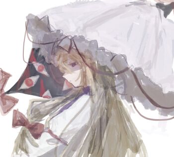  1girl absurdres blonde_hair closed_mouth commentary dress expressionless from_side gap_(touhou) hair_ribbon hat highres holding holding_umbrella long_hair long_sleeves mob_cap purple_eyes purple_tabard red_eyes ribbon solo swspiellll tabard touhou umbrella white_background white_dress yakumo_yukari 