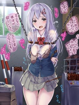  1boy 1girl arms_behind_back ball basketball_(object) bdsm blush bondage bound bow breasts butterfly_hair_ornament colored_eyelashes commentary_request contemporary crotch_rope disembodied_hand echidna_(re:zero) grabbing_another's_breast groping gym_storeroom hair_between_eyes hair_ornament heavy_breathing highres indoors long_hair long_sleeves looking_at_viewer medium_breasts monikano official_alternate_costume open_mouth pleated_skirt pov pov_hands re:zero_kara_hajimeru_isekai_seikatsu red_bow restrained school_uniform sex_machine shirt skirt speech_bubble stationary_restraints sweat translation_request wet wet_clothes wet_shirt white_eyelashes white_hair white_shirt window 