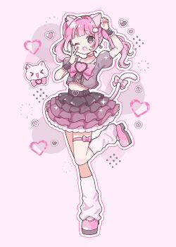  >_< 1girl ;d absurdres animal_ears arm_up black_shirt black_skirt blunt_bangs blush_stickers bow bowtie cat cat_ears cat_girl cat_hair_ornament cat_tail commentary dosukoi_(nagihoko) dot_nose frilled_skirt frills full_body hair_ornament hand_up highres long_hair looking_at_viewer nail_polish one_eye_closed open_mouth original outline pink_background pink_bow pink_bowtie pink_eyes pink_hair pink_nails pink_shoes shirt shoes short_sleeves skirt smile socks solo standing standing_on_one_leg symbol-only_commentary tail thigh_strap twintails v white_outline white_socks 
