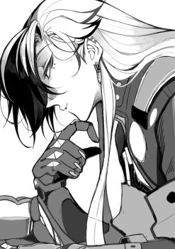  1boy absurdres arm_up boothill_(honkai:_star_rail) cyborg earrings from_side greyscale hair_over_one_eye highres honkai:_star_rail honkai_(series) jewelry long_hair male_focus mole mole_under_eye monochrome mrsw0911 multicolored_hair multiple_moles parted_lips piercing shell_casing simple_background sketch solo two-tone_hair very_long_hair white_background 