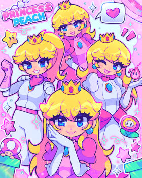  1girl absurdres alternate_costume blonde_hair blue_eyes blush character_name crown dress fire_flower gloves heart highres inky_trash mario_(series) nintendo one_eye_closed pink_dress princess princess_peach spoken_heart super_star_(mario) toadette white_gloves 