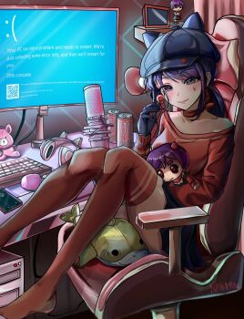  1girl animal_ear_headwear animal_ears blue_eyes blue_gloves blue_hat blue_screen_of_death blush can candy chair choker closed_mouth commentary cool_mita_(miside) drink_can energy_drink fake_animal_ears food gaming_chair gloves hat highres hitachi_magic_wand holding holding_candy holding_food holding_lollipop inconspicuous_sex_toy lollipop long_hair looking_at_viewer mark_under_eye miside mita_(miside) monitor monster_energy newsboy_cap niplyamrv on_chair red_choker red_shirt red_thighhighs sex_toy shirt smile soles swivel_chair tattoo teardrop_facial_mark teardrop_tattoo thighhighs vibrator 