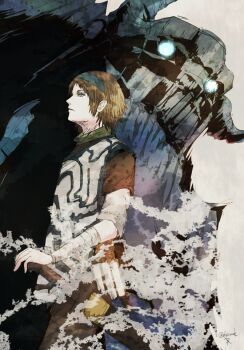  1boy bandaged_arm bandages barba_(shadow_of_the_colossus) blue_eyes blue_hairband brown_hair colossus commentary_request hairband hand_on_hilt ruka_(blueplus84) shadow_of_the_colossus sheath sheathed short_hair sword twitter_username wander_(shadow_of_the_colossus) weapon 