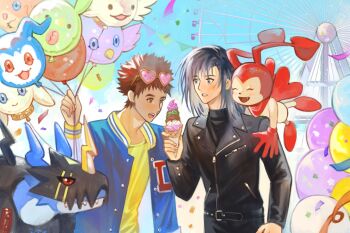  2boys absurdres check_copyright copyright_request digimon digimon_(creature) digimon_adventure_-beyond- digimon_adventure_02 festival highres ichijouji_ken lighdramon male_focus motomiya_daisuke multiple_boys pucchiemon time-season 