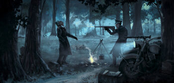  2boys absurdres betrayal campfire crate death firing gun hat headlight_beam highres holding holding_gun holding_weapon machine_gun manually-operated_mounted_gun mg42 military motor_vehicle motorcycle mp40 multiple_boys murder oil_painting_(medium) original painting_(medium) patton_wang peaked_cap sidecar submachine_gun traditional_media tree tripod weapon wooden_box world_war_ii 