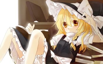  1girl apron black_hat black_skirt black_vest blonde_hair bloomers book bookshelf bow braid closed_mouth commentary_request frilled_skirt frills hair_bow hat hat_bow kirisame_marisa long_hair one-hour_drawing_challenge open_book reading side_braid single_braid sitting skirt solo touhou tsuno_no_hito underwear vest waist_apron white_apron white_bloomers white_bow witch_hat yellow_eyes 