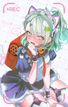  1girl @_@ absurdres animal_ear_hairband animal_ears bell black_dress black_garter_straps blush cat_ear_hairband cat_ears checkered_background commentary_request dress fake_animal_ears frilled_dress frilled_sleeves frills garter_straps ghost_hair_ornament green_eyes green_hair hair_ornament hairband highres hokkul maid maid_headdress multiple_hair_clips neck_bell necktie official_alternate_costume open_mouth ponytail recording red_bag red_necktie solo spoken_blush sunna_(afternoon_tea_break)_(zenless_zone_zero) sunna_(zenless_zone_zero) sweat tears triangle_hair_ornament white_background white_wings winged_bag wings zenless_zone_zero 