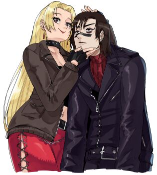  1boy 1girl absurdres alternate_costume bags_under_eyes black_collar black_eyeshadow black_gloves black_jacket black_lips blonde_hair brown_eyes choso_(jujutsu_kaisen) collar couple crop_top curtained_hair ear_piercing eyeshadow fingerless_gloves frown gloves hand_on_another's_chin hand_on_another's_head highres jacket jujutsu_kaisen leather leather_jacket lipstick long_hair looking_at_viewer makeover makeup multiple_piercings navel pale_skin pants parted_bangs piercing red_lips red_pants red_sweater ribbed_sweater studded_collar sweater tsukumo_yuki_(jujutsu_kaisen) turtleneck turtleneck_sweater upper_body v-shaped_eyebrows wallet_chain wanderjegson 