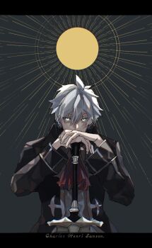  1boy azisaiharumaki56 character_name charles-henri_sanson_(fate) commentary_request covered_mouth fate/grand_order fate_(series) grey_background grey_eyes grey_hair hair_between_eyes highres long_sleeves looking_at_viewer male_focus short_hair solo sun sword weapon 