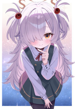  1girl absurdres blue_archive brown_eyes brown_halo brown_ribbon commentary_request diagonal-striped_ribbon dress eyeball_hair_ornament flat_chest grey_hair hair_over_one_eye halo highres kanoe_(blue_archive) long_hair looking_at_viewer multicolored_eyes partial_commentary pinafore_dress ribbon scar scar_on_neck sleeveless sleeveless_dress smile two-tone_eyes two_side_up yatani_row 