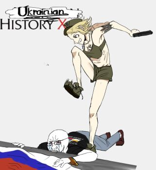  1boy 1girl abs american_history_x blonde_hair brown_eyes crying_wojak curb_stomp don_republic don_republic_flag green_shoes green_shorts green_tank_top grin gun handgun hat highres holding holding_gun holding_weapon limestone_(artist) marichka nazi original peaked_cap ribbon_of_saint_george russia russian_flag shoes shorts simple_background smile swastika swastika_tattoo tank_top tattoo tryzub weapon 