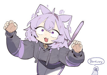  ! 1girl :3 :d ahoge animal_ear_fluff animal_ears breasts cat_ears cat_girl cat_tail cocomayo29_(tomato) commentary fang hair_between_eyes highres hololive hood hoodie large_breasts long_sleeves nekomata_okayu nekomata_okayu_(1st_costume) onigirya_(nekomata_okayu) open_mouth puffy_sleeves purple_eyes purple_hair simple_background smile speech_bubble tail virtual_youtuber 