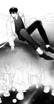  6+boys absurdres biyoo_(omniscient_reader's_viewpoint) coat collared_shirt different_reflection falling_paper full_body greyscale highres kim_dokja knees_up looking_back monochrome multiple_boys omniscient_reader's_viewpoint open_clothes open_coat partially_submerged popped_collar reflection ripples screentones shirt short_hair sitting sky smile sparkle star_(sky) starry_sky tanppopo9 yoo_joonghyuk 