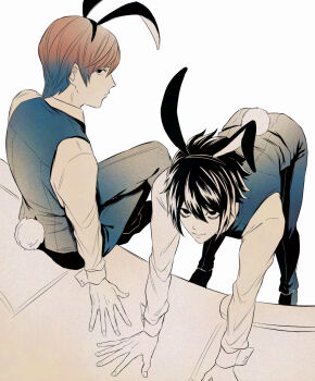  2boys animal_ear_hairband animal_ears bags_under_eyes bent_over black_hair black_hairband black_pants brown_hair closed_mouth collared_shirt commentary_request crossed_legs death_note fake_animal_ears hairband highres l_(death_note) looking_at_viewer male_focus multiple_boys no_eyebrows pants rabbit_ears rabbit_tail shirt sitting space_youkai tail vest waistcoat white_background white_shirt yagami_light 