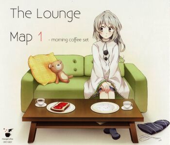  1girl 490_(spinoza490) album_cover baggy_clothes blush boots circle_name clothes_on_floor coffee coffee_mug couch cover crossed_legs crumbs cup female_focus grey_eyes hands_on_own_knees hat highres jam japanese_clothes kariginu long_hair mononobe_no_futo mug non-web_source pillow plate ponytail scan scan_artifacts silver_hair simple_background sitting skirt stuffed_animal stuffed_toy table tate_eboshi teddy_bear title touhou unworn_hat unworn_headwear white_background wide_sleeves  rating:General score:6 user:Moonman