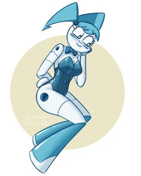  1girl absurdres arm_behind_back blue_bow blue_bowtie blue_hair blue_leotard blush bow bowtie breasts cleavage commentary covered_navel deadraisdead fake_tail full_body heart heart-shaped_pupils highres jenny_wakeman leotard mechanical_arms mechanical_legs my_life_as_a_teenage_robot rabbit_tail robot_girl smile solo symbol-shaped_pupils tail twintails 