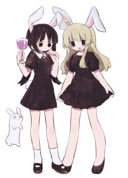  2girls alternate_costume black_hair blonde_hair chito_(shoujo_shuumatsu_ryokou) dress full_body highres holding legs long_hair multiple_girls nuko_(shoujo_shuumatsu_ryokou) rabbit_ears ri_(qrcode) shoujo_shuumatsu_ryokou simple_background white_background yuuri_(shoujo_shuumatsu_ryokou)  rating:General score:7 user:fishiefish23