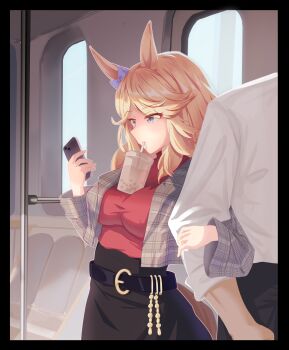  1boy 1girl absurdres animal_ears between_pectorals blonde_hair blue_bow blue_eyes bow breasts bubble_tea bubble_tea_challenge cup disposable_cup drinking drinking_straw drinking_straw_in_mouth ear_bow gold_city_(casual)_(umamusume) gold_city_(umamusume) hasegawamorito highres horse_ears horse_girl large_breasts long_hair long_sleeves meme object_on_breast pectorals trainer_(umamusume) umamusume upper_body 