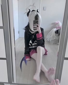  1girl bag bare_legs barefoot black_hair blue_archive cellphone cosplay covered_face dal_(aazsxx2) door feet halo highres holding holding_phone hood hood_down hoodie horns kayoko_(blue_archive) light_switch loli mirror nails no_shoes pale_skin panels phone photo_(medium) real_life sitting skirt smartphone soles stuffed_toy toenails toes white_hair wooden_floor zipper  rating:Sensitive score:279 user:SenpaiHentaiOldPervert