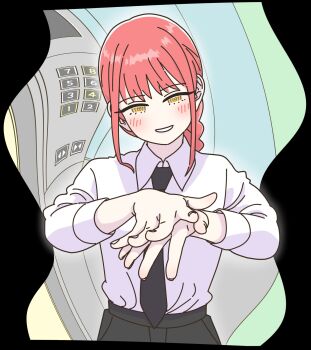  1girl black_border black_necktie black_pants border braid braided_ponytail chainsaw_man commentary_request distortion elevator head_tilt highres kazkitashima light_blush makima_(chainsaw_man) necktie orange_eyes pants red_hair ringed_eyes shirt sidelocks single_braid smile solo upper_body white_shirt 