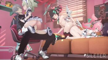  1boy 3d 3girls all_fours angels_of_delusion animated aria_(zenless_zone_zero) ass ass-to-ass black_hair breasts chair clothed_sex dab_neko dildo double_dildo girl_on_top green_hair grey_hair group_sex hand_on_own_ass hetero indoors maid maid_headdress medium_breasts moaning multicolored_hair multiple_girls nangong_yu nipples nude object_insertion open_mouth opennsfwsp patreon_username penis pincree_(voice_actor) pink_hair sex_toy shared_object_insertion sileter sound straddling sunna_(afternoon_tea_break)_(zenless_zone_zero) sunna_(zenless_zone_zero) tagme tongue tongue_out two-tone_hair upright_straddle vaginal vaginal_object_insertion video window window_blinds wings wise_(zenless_zone_zero) yuri zenless_zone_zero  rating:Explicit score:44 user:SGuy669