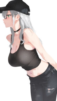  1girl alternate_costume arms_behind_back baseball_cap black_choker black_hat black_pants black_tank_top breasts choker cleavage cohi27151463 commentary_request crop_top from_side glasses green_eyes hat highres hololive large_breasts leaning_forward long_hair midriff navel pants parted_lips shirogane_noel sidelocks simple_background solo tank_top virtual_youtuber white_background 