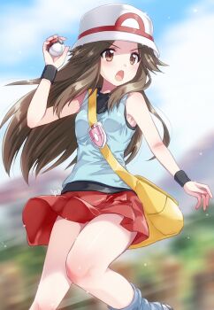  1girl black_shirt blue_leg_warmers blue_shirt blurry blurry_background breasts brown_eyes brown_hair commentary_request hat highres holding holding_poke_ball kuroi_mimei leaf_(pokemon) leg_warmers long_hair miniskirt nintendo open_mouth poke_ball pokemon pokemon_frlg red_skirt shirt skirt sleeveless sleeveless_shirt small_breasts solo undershirt vs_seeker white_hat yellow_bag 