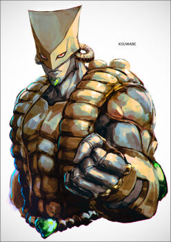  1other artist_name clenched_hand closed_mouth heart helmet jewelry jojo_no_kimyou_na_bouken k-suwabe muscular red_eyes simple_background solo stand_(jojo) stardust_crusaders the_world time_stop white_background za_warudo 