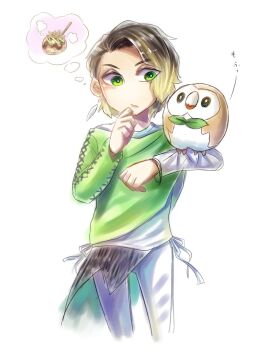 1boy 2016 :/ alain_(kamen_rider_ghost) animal_on_arm bird bird_on_arm blonde_hair curly_hair earrings feather_earrings feathers food gen_7_pokemon green_eyes gutugutu_oooden hand_to_chin japanese_text jewelry kamen_rider kamen_rider_ghost_(series) male_focus nintendo owl pokemon poncho prince rowlet takoyaki thinking