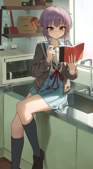  1girl absurdres blue_sailor_collar blue_skirt brown_cardigan brown_eyes cardigan chinese_commentary commentary_request highres holding holding_removed_eyewear indoors kita_high_school_uniform medium_hair nagato_yuki open_cardigan open_clothes purple_hair sailor_collar school_uniform serafuku short_hair sitting skirt solo suzumiya_haruhi_no_yuuutsu unworn_eyewear xzu 