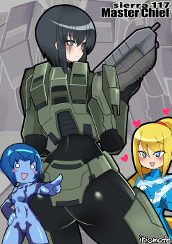  3girls absurdres ass black_eyes black_hair blonde_hair blue_eyes blush bodysuit breasts bullpup chibi cortana genderswap genderswap_(mtf) gun halo_(game) halo_(series) heart highres holding holding_gun holding_sword holding_weapon iriomote_umineko master_chief metroid multiple_girls nintendo plasma_sword ponytail samus_aran scar scar_across_eye scar_on_face short_hair sidelocks sword weapon zero_suit 