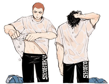  2boys black_hair black_pants closed_mouth commentary_request cropped_legs drying drying_clothes hand_in_own_hair highres ikaooi1 male_focus multiple_boys pants red_hair rukawa_kaede sakuragi_hanamichi shirt short_hair simple_background slam_dunk_(series) wet wet_clothes wet_shirt white_background white_shirt 
