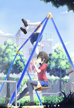  2girls artist_name aya223 black_socks blue_skirt blue_sky braid brown_footwear brown_hair building day grass hair_bobbles hair_ornament hairclip hanging highres kiss kneehighs long_sleeves medium_hair multiple_girls on_swing original outdoors pink_hair railing shirt short_twintails sitting skirt sky socks swing swing_set thighhighs tree twintails upside-down_kiss wall white_legwear white_shirt yuri  rating:Sensitive score:18 user:danbooru