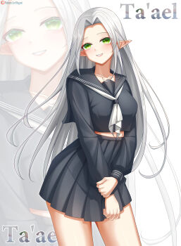  1girl absurdres alternate_breast_size_(larger) alternate_breasts_size artist_name black_sailor_collar black_serafuku black_shirt black_skirt blush breasts character_name collarbone commission commissioner_upload cowboy_shot crop_top elf green_eyes grey_hair high-waist_skirt highres long_hair long_sleeves looking_at_viewer lori_hagami medium_breasts neckerchief official_art patreon_username pleated_skirt pointy_ears sailor_collar school_uniform serafuku shirt simple_background skirt smile solo taael_myrthnddare very_long_hair ways_of_darkness_(series) white_background white_hair white_neckerchief zoom_layer 