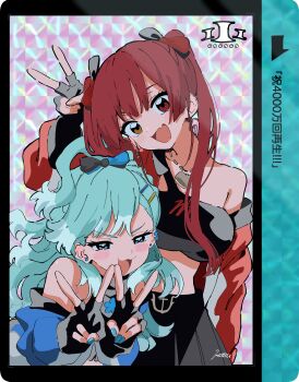  2girls :3 absurdres bare_shoulders black_shirt black_skirt blue_eyes blue_hair blue_jacket blush_stickers breasts copyright_name cowboy_shot crop_top double_fox_shadow_puppet earrings fang fingerless_gloves fox_shadow_puppet gloves hasu heterochromia highres hololive hololive_indonesia houshou_marine iii_(hololive) jacket jewelry kobo_kanaeru large_breasts long_hair milestone_celebration multiple_girls open_mouth pleated_skirt red_eyes red_hair red_jacket shirt skin_fang skirt twintails upper_body virtual_youtuber wavy_hair yellow_eyes 