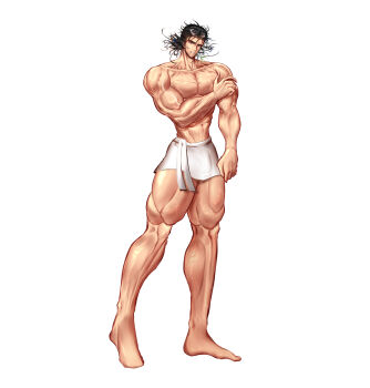  1boy abs absurdres after_bathing bara biceps black_hair commentary_request full_body highres large_pectorals long_legs looking_at_viewer male_focus manly messy_hair muscular muscular_male naked_towel no_nipples original pectorals recenama scar simple_background solo standing thick_arms thick_thighs thighs topless_male towel veins veiny_arms white_background 