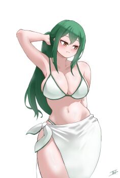  1girl arm_behind_back arm_behind_head arm_up armpits bare_shoulders bikini blush breasts brown_eyes cleavage cowboy_shot crusch_karsten green_hair large_breasts long_hair looking_to_the_side miarin141 navel parted_lips ponytail re:zero_kara_hajimeru_isekai_seikatsu sarong signature simple_background solo standing stomach swimsuit thighs white_background white_bikini white_sarong 