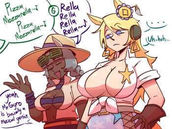  2girls ? absurdres arm_at_side blonde_hair breasts cheese_song_(meme) choker closed_eyes closed_mouth commentary commission cowboy_hat dark-skinned_female dark_skin ear_ornament english_commentary english_text fang gloves goggles goggles_on_head hair_ornament hand_on_own_hip hat highres huge_breasts jojo_no_kimyou_na_bouken lipstick long_hair makeup medium_breasts meme multiple_girls musical_note navel no_bra open_clothes open_mouth open_shirt original personification purple_eyes purple_lips shirt short_sleeves side-by-side simple_background skin_fang slow_dancer_(jojo) smile spoken_question_mark starlinkman steel_ball_run stomach tied_shirt upper_body valkyrie_(jojo) very_dark_skin very_long_hair white_background 